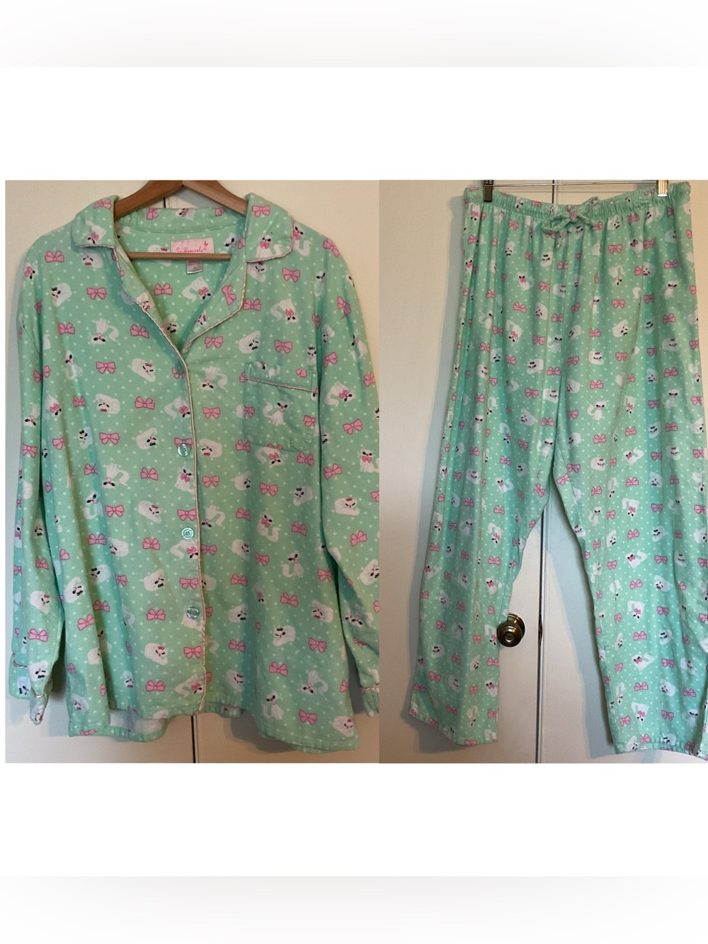 So Heavenly 100% Cotton Flannel Mint Green Novelty White Cat & Bow Pajama Set 2X